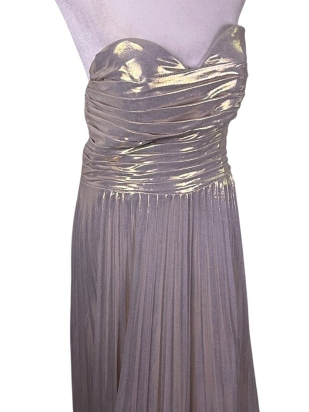 Metallic Champagne Gold Strapless Corset Formal Gown High Slit Size 14 - Picture 4 of 10